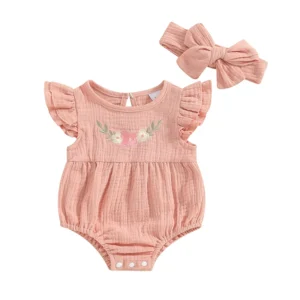 Pudcoco Infant Baby Girls Romper Flower Embroidery Flying Sleeve Round Neck Jumpsuit with Bow Headband 2 Pcs Set 0-18M
