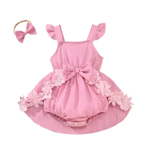 Pudcoco Infant Baby Girl Summer Outfits Ruffle Sleeveless Square Neck Bow Front Romper with Headband Set Newborn Clothes 0-18M